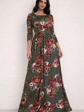 Reborn J Olive Green Floral Maxi Dress - Size Small - Elegant & Flowy